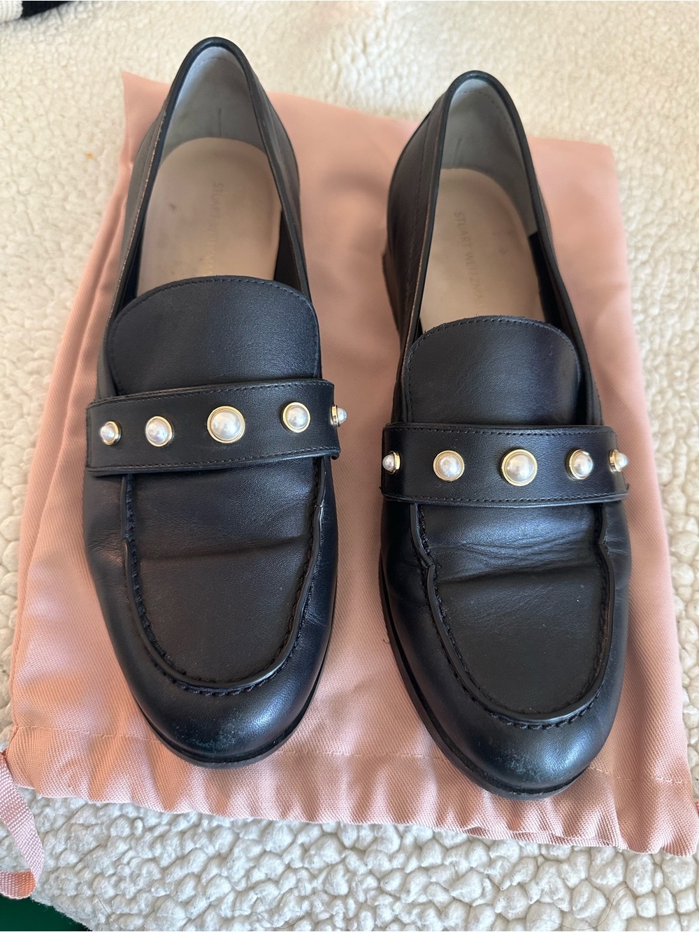 Stuart Weitzman Black Pearl-Trim Leather Loafers - Women's